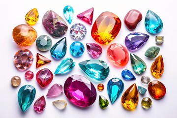 Dazzling Array of Colored Gems on White Background