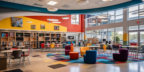 Modern and vibrant school library with colorful furniture and bright decor