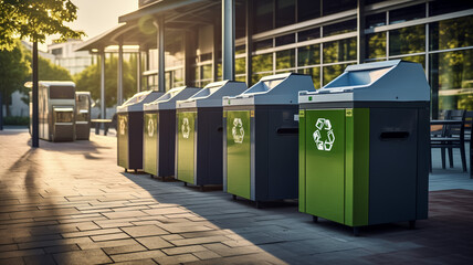 Modern public recycling bins lined up on an urban street - obrazy, fototapety, plakaty