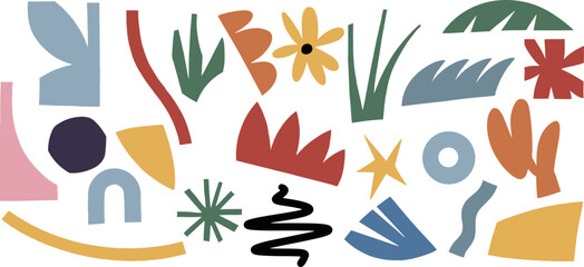 Abstract contemporary set of hand-drawn shapes and doodle elements. Tropical plants, leaves, and flowers. Social media template, packaging design. Concept of natural and organic. Minimal art style. Ad
