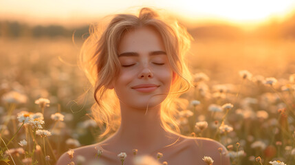 beautiful young woman in buckwheat flowers field smelling flower with eyes closed, at sunset  