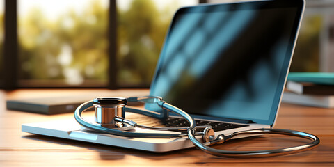 Laptop on table with stethoscope for antivirus protection