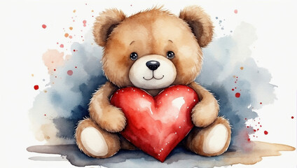 Watercolor cute fluffy cuddly teddy bear. AI generated