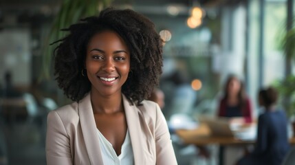 Fototapeta premium Smiling Woman in Blazer in Office Setting
