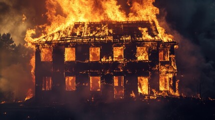 Burning building. Fire. Wildfire. Burning house. Roof of building in flames. Extinguishes fire.