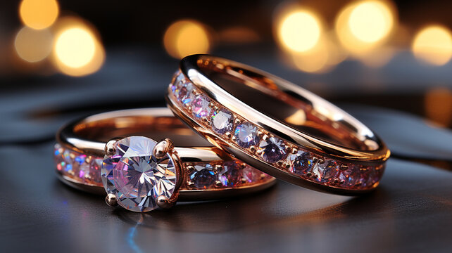 Two gold wedding rings represent love with a bokeh background creating a sense of romance