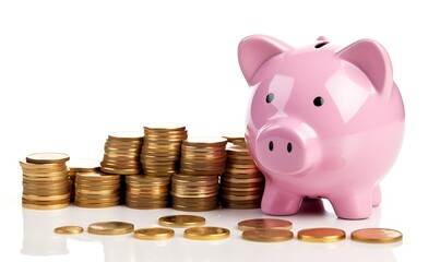 Sad and worried pink pig piggy bank next to a few gold coins, isolated on white background. Investment failure, bankruptcy concept. Generative Ai