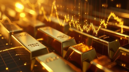 A creative visual of a gold investment chart, with shimmering gold bars forming a fluctuating line graph The backdrop is a sophisticated financial market scene, adding depth to the investment t