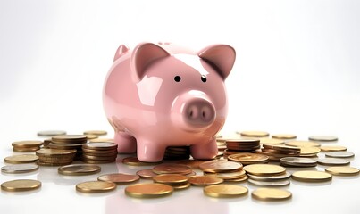 Sad and worried pink pig piggy bank next to a few gold coins, isolated on white background. Investment failure, bankruptcy concept. Generative Ai