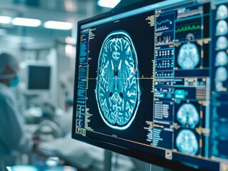 Fototapeta premium A detailed view of a brain MRI scan being analyzed by neurologists in a high-tech medical office, emphasizing the intricacies of brain injury Created Using neurologists, brain MRI scan, medical