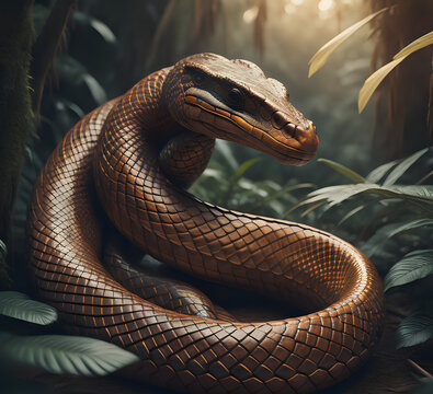 . A python rests in the coils of a tree, its serpentine grace and mesmerizing patterns captivating generative Ai
