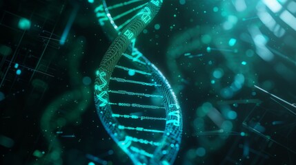 A digital artwork of a glowing DNA hologram, suspended in a high-tech laboratory environment, showcasing the fusion of biology and technology Created Using Futuristic digital style, illuminated