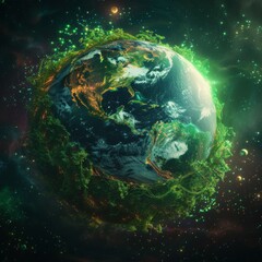 A digital artwork of Earth surrounded by green energy fields, symbolizing CO2 reduction for a SustainableClimate Created Using Vibrant colors, Earth from space, green energy fields, futuristic