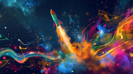 A dynamic depiction of a rocket blasting off, surrounded by a vortex of colorful abstract shapes and symbols representing innovation and creative thinking The scene is set against a cosmic back
