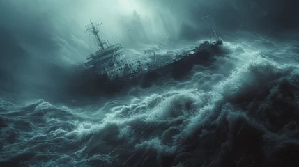 Rolgordijnen ship facing disaster and tornado storm in the sea © tonstock