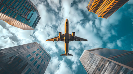 bottom view of a plane flying in the sky over skyscrapers - obrazy, fototapety, plakaty