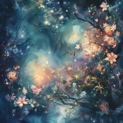 Fototapeta premium A fantasy artwork of a mystic space realm, a cosmic garden with celestial flowers and soft starlight, ethereal atmosphere Dreamlike space flora and fauna Created Using watercolor technique, fan