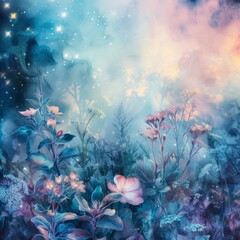 A fantasy artwork of a mystic space realm, a cosmic garden with celestial flowers and soft starlight, ethereal atmosphere Dreamlike space flora and fauna Created Using watercolor technique, fan