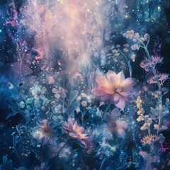 A fantasy artwork of a mystic space realm, a cosmic garden with celestial flowers and soft...