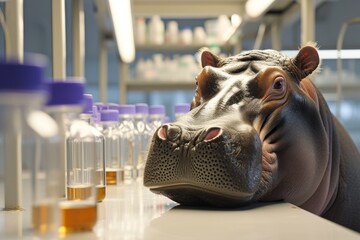 A friendly hippo participating in a science experiment, in a laboratory setting, showcasing curiosity and experimental learning Created Using Friendly hippo, science experiment, laboratory sett