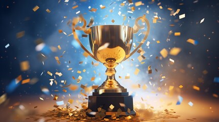 Golden Trophy Cup with Confetti Background. Generative AI