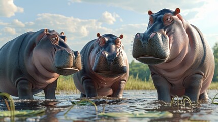 A group of hippos in a school setting, engaging in a collaborative learning activity, highlighting teamwork and educational interaction Created Using Group of hippos, school setting, collaborat
