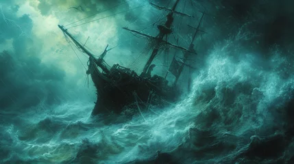 Fototapeten ship facing disaster and tornado storm in the sea © tonstock
