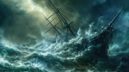 Deurstickers ship facing disaster and tornado storm in the sea © tonstock
