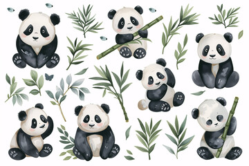 A delightful collection of watercolor pandas in various playful poses surrounded by bamboo and greenery, ideal for children's book illustrations or themed decor.