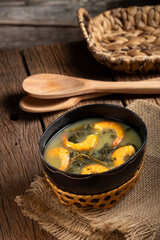 Tacacá, typical food from the Brazilian Amazon. Made with tucupi, jambu and shrimp.