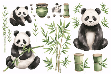 This collection showcases watercolor illustrations of pandas in different playful poses with bamboo stalks and leaves, ideal for greeting cards, educational content, and nature-themed design projects.