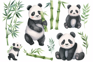 A charming set of watercolor illustrations pandas in various poses with bamboo shoots and leaves, perfect for nursery art, educational materials, or nature-themed designs.