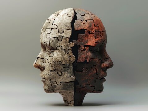 A human head with half jigsaw puzzle and half normal facial features, representing the duality of human nature Created Using Half jigsaw puzzle head, half normal face, human nature duality, art