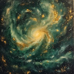 A painting of an enigmatic space scene, a distant galaxy with spirals of green and gold, celestial...