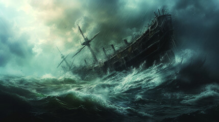 ship facing disaster and tornado storm in the sea - obrazy, fototapety, plakaty
