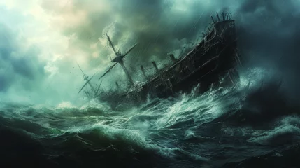 Türaufkleber ship facing disaster and tornado storm in the sea © tonstock