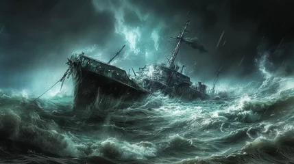 Poster ship facing disaster and tornado storm in the sea © tonstock
