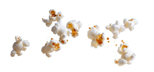 Flying popcorn cut out on a transparent background