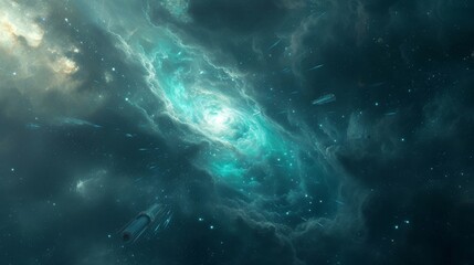 A sci-fi inspired space background, an alien nebula with shades of teal and silver, futuristic space station orbiting Blend of realism and fantasy Created Using CGI rendering, science fiction t