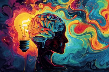 A surreal illustration of a human head, with the brain and a lightbulb intertwined, surrounded by swirls of intense, vivid colors Created Using Surrealism style, human head silhouette, intertwi