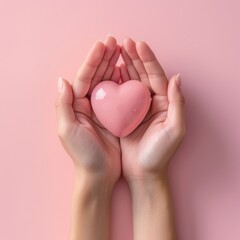 A top-view image of hands holding a pink heart, depicting health care The soft pink heart is highlighted against a minimalist backdrop Created Using bird's-eye view, pastel pink hue, detailed f