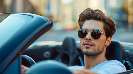 Handsome young man with beard wearing sunglasses, smiling and looking at the camera. Driving a convertible cabriolet open top or open roof car on a sunny summer day