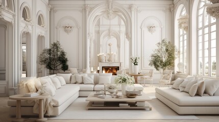 Fototapeta na wymiar Luxurious family room interior, modern house in classic European style, white walls, floors and furniture.