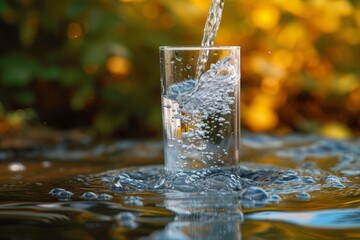 Clear water fall in glass, water surface on background.