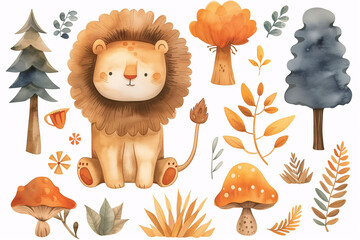 This charming watercolor illustration showcases a cute lion surrounded by trees, mushrooms, and autumn leaves, perfect for children's books or nursery decor.