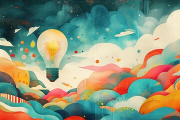 A whimsical illustration of a lightbulb as a hot air balloon, floating in a sky filled with colorful, imaginative shapes and patterns Created Using Whimsical illustration style, hot air balloon - obrazy, fototapety, plakaty