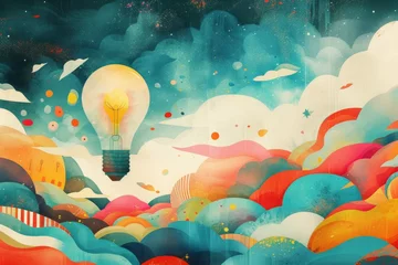 Fotobehang A whimsical illustration of a lightbulb as a hot air balloon, floating in a sky filled with colorful, imaginative shapes and patterns Created Using Whimsical illustration style, hot air balloon © kwanchanok