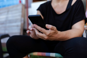 Woman, hands and phone screen on camp for social media, navigation or outdoor communication in nature. Closeup of female person with mobile smartphone display, app or mockup for networking or search.
