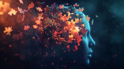 An abstract human head with jigsaw puzzle pieces floating around it, each piece glowing, in a dark mystical background Created Using Abstract human head, floating jigsaw pieces, glowing effect,