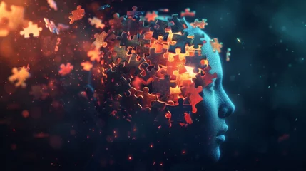 Fotobehang An abstract human head with jigsaw puzzle pieces floating around it, each piece glowing, in a dark mystical background Created Using Abstract human head, floating jigsaw pieces, glowing effect, © kwanchanok